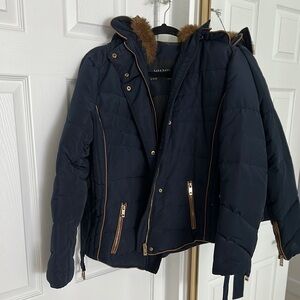 Zara Basic Navy Puffer Jacket with Faux Fur Hood